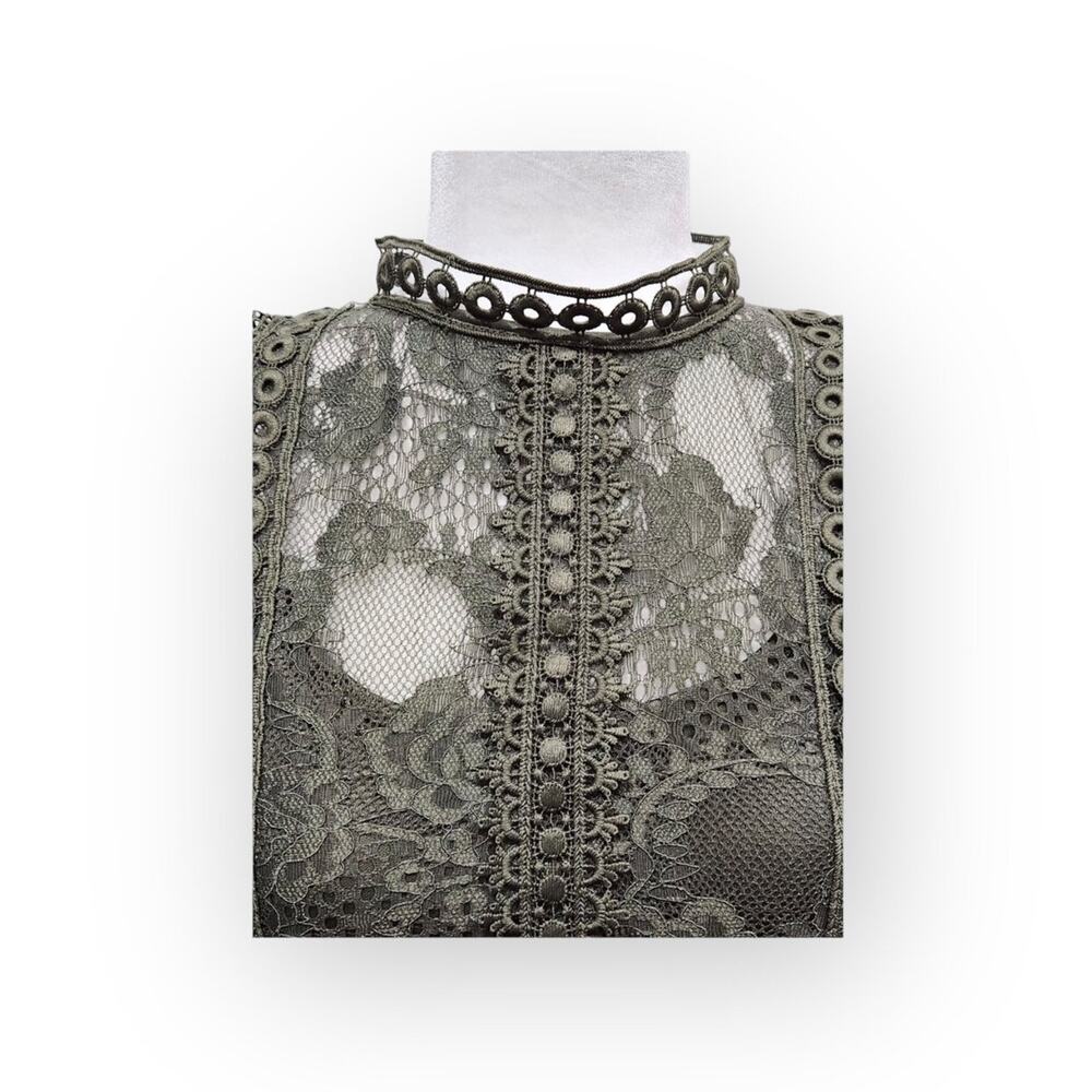Cable & Gauge Olive Green Lace Long Sleeve Mock Neck Blouse - Picture 2 of 11